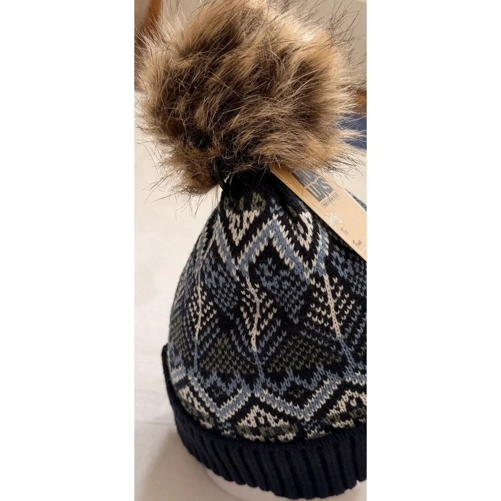 Muk Luks Women's Fair Isle Beanie Hat And Glove Set Black Gray,Blue Faux Fur Pom